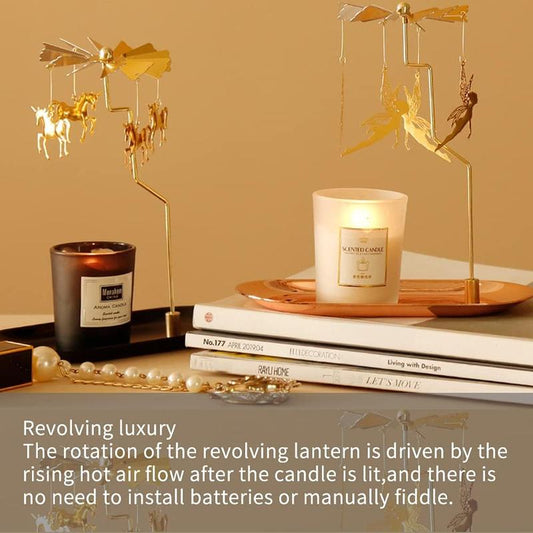 Spinning Candle Holder with Tray, Glod Carousel Candle Spinner, Rotating Metal Light Candle Holder for Table Centerpiece, Christmas, Valentine'S Day, Party Decor, ( Elves)