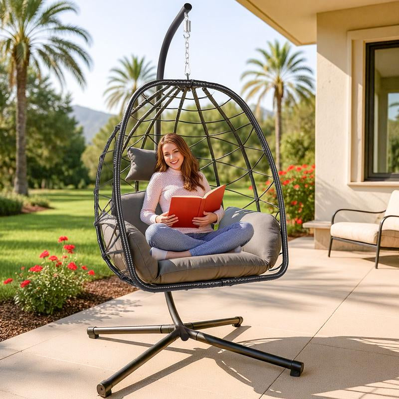 Egg Porch Swing, Hanging Egg Chair for Outdoor Patio with Stand, Waterproof Rattan Wicker Basket Seat, Includes Cushion & Chain, 350Lb Capacity (Beige)