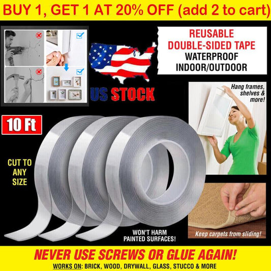3X Tape Double Sided Adhesive Removable Heavy Duty Invisible Mounting Nano US Indoor Waterproof 10 Ft Clear Tape for Pictures Car Phone Holders Wall Stickers Hooks Sticky Pads