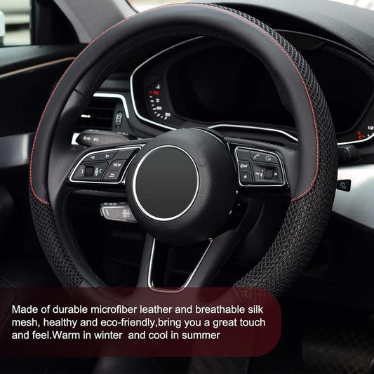 Car Steering Wheel Cover, Microfiber Breathable Ice Silk Leather Steering Wheel Cover Soft Anti-Slip Safety, 15Inch Four Season Universal Fits for Most Truck,Suv,Cars Car Interior Decoration Accessories (Black)