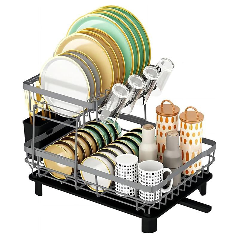 2 Tier Dish Drying Rack with Drainboard Adjustable Spout Utensil Holder and Knife Slots,Space-Saving,Suitable for Kitchen Countertops,Keeps Countertops Clean and Tidy,Easy to Install,Beautifully Crafted,Rotatable Drainage System,Disassembleable