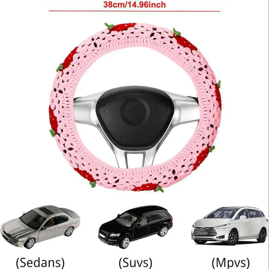Crochet Strawberry Pattern Car Steering Wheel Cover, Cute Car Steering Wheel Protector, Universal Car Interior Decoration Accessories
