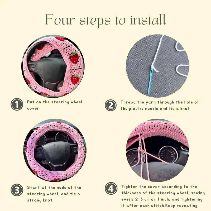 Crochet Strawberry Pattern Car Steering Wheel Cover, Cute Car Steering Wheel Protector, Universal Car Interior Decoration Accessories