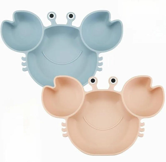 2 Pack Silicone Suction Plate for Baby, Divided Unbreakable Toddler Food Plate with 2 Pack Spoons for Self Feeding, Toddler Utensils Feeding Set Baby Eating Supplies, Crab Shape -Blue&Green Kid Toddler Baby