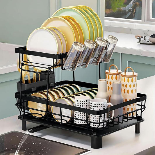 2 Tier Dish Drying Rack with Drainboard Adjustable Spout Utensil Holder and Knife Slots,Space-Saving,Suitable for Kitchen Countertops,Keeps Countertops Clean and Tidy,Easy to Install,Beautifully Crafted,Rotatable Drainage System,Disassembleable