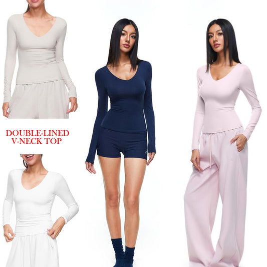 FDR Women'S Solid Color V-Neck Double-Lined Long Sleeve Tee | Lightweight Breathable Stretch | Slim-Fit Layering Essential for Fall Workouts & Everyday Womenswear Top Style Basic