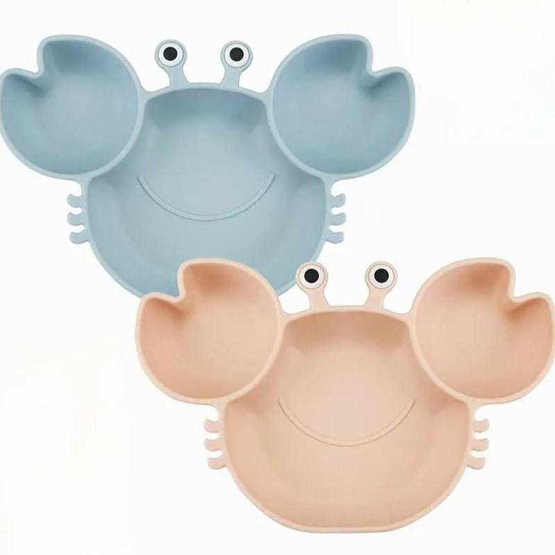 2 Pack Silicone Suction Plate for Baby, Divided Unbreakable Toddler Food Plate with 2 Pack Spoons for Self Feeding, Toddler Utensils Feeding Set Baby Eating Supplies, Crab Shape -Blue&Green Kid Toddler Baby