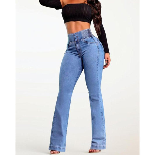 Fallfreshness Women'S High Waist Stretch Tights Flared Jeans Denim Trousers Elastic Waist Basic Minimalist Streetwear Pants