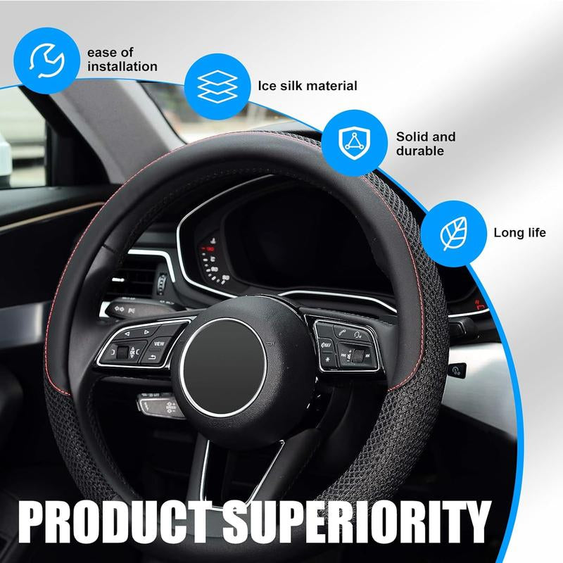 Car Steering Wheel Cover, Microfiber Breathable Ice Silk Leather Steering Wheel Cover Soft Anti-Slip Safety, 15Inch Four Season Universal Fits for Most Truck,Suv,Cars Car Interior Decoration Accessories (Black)