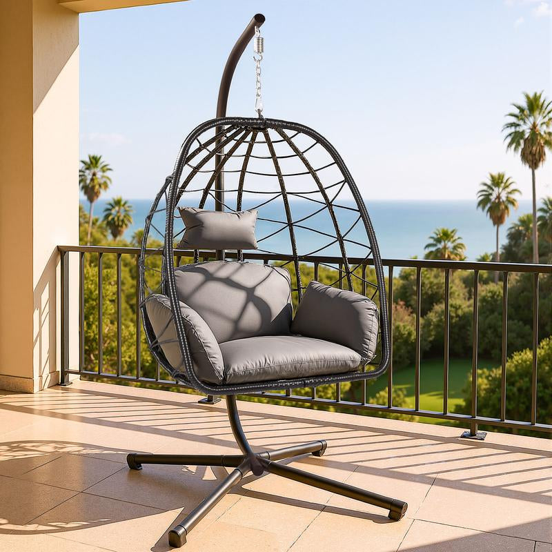 Egg Porch Swing, Hanging Egg Chair for Outdoor Patio with Stand, Waterproof Rattan Wicker Basket Seat, Includes Cushion & Chain, 350Lb Capacity (Beige)