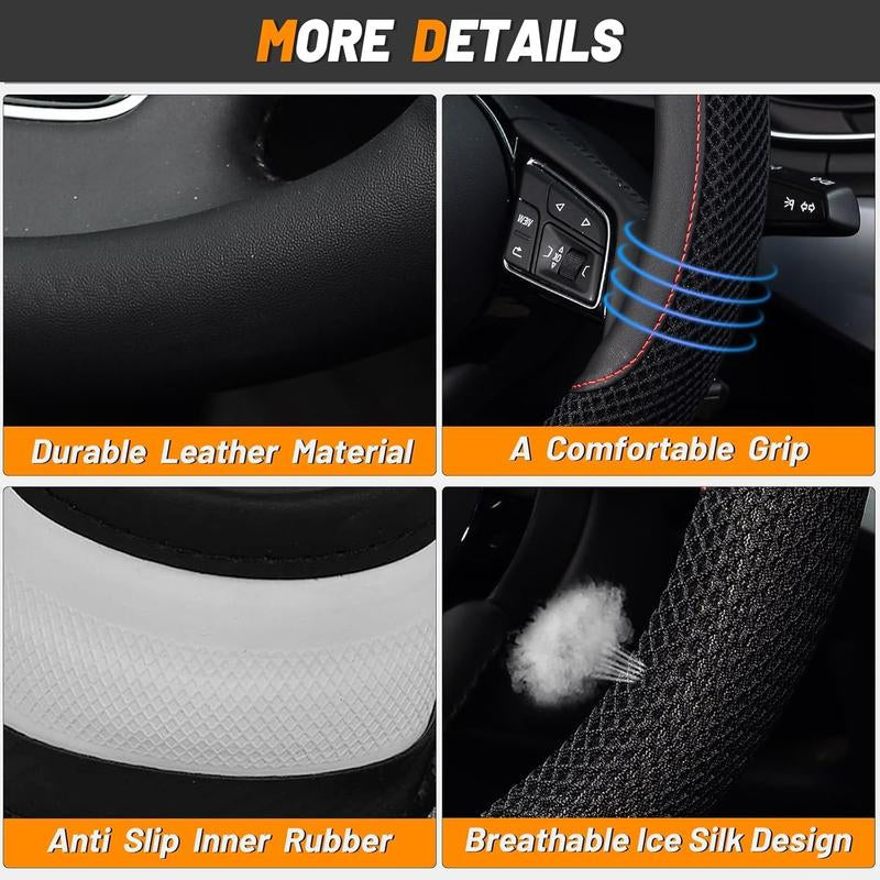 Car Steering Wheel Cover, Microfiber Breathable Ice Silk Leather Steering Wheel Cover Soft Anti-Slip Safety, 15Inch Four Season Universal Fits for Most Truck,Suv,Cars Car Interior Decoration Accessories (Black)