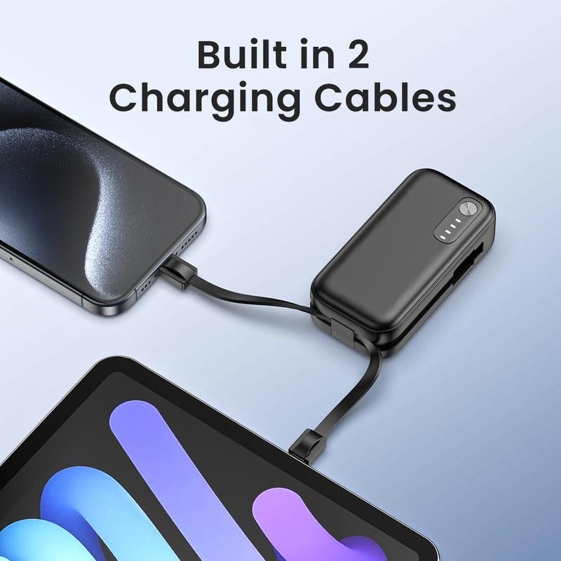 5000Mah Mini Portable Charger,15W QC3.0 Fast Charing USB C Power Bank with Built-In Cables, Portable External Battery Pack for Iphone 16/15/14 Series, Android, Etc