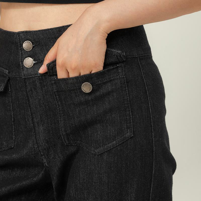 MIDIROSS Mecerized Denim Flap Pocket Button Front Flare Jeans