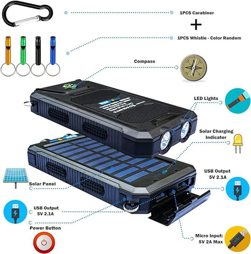 Solar Charger Power Bank 20000Mah, Portable Solar Pone Charger with Compass,Carabiner, Whistle,Flashlights,Solar Panel Charger,Camping Gear Accessory Accessories Charging