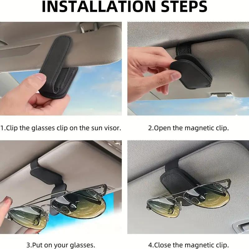 Magnetic Leather Sunglasses Stand Car Sun Visor - 2-In-1 Glasses Holder and Ticket Card Stand | Premium Car Sun Visor Accessory (1 Pack, Black/Gray)