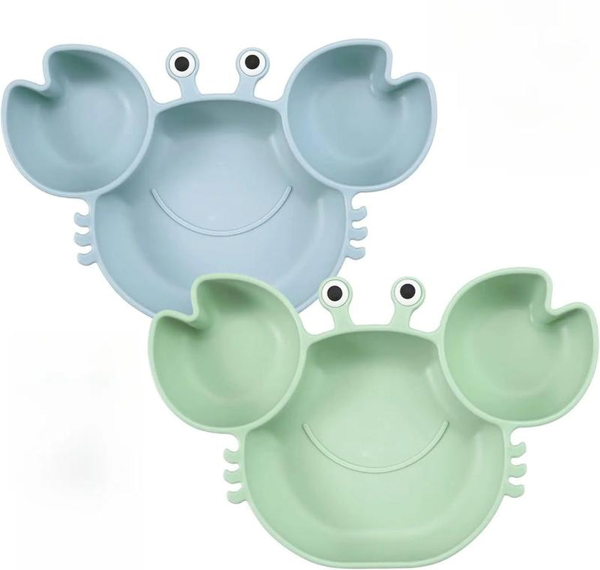2 Pack Silicone Suction Plate for Baby, Divided Unbreakable Toddler Food Plate with 2 Pack Spoons for Self Feeding, Toddler Utensils Feeding Set Baby Eating Supplies, Crab Shape -Blue&Green Kid Toddler Baby