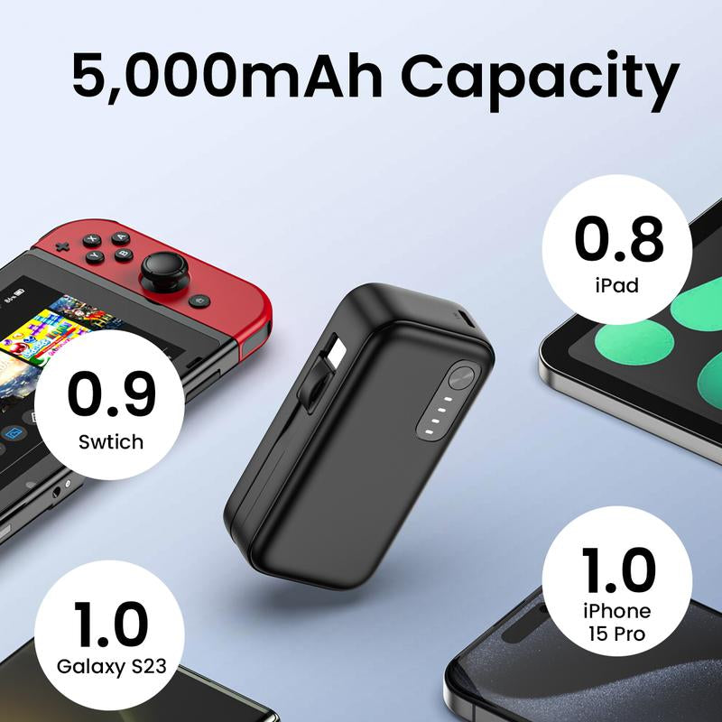 5000Mah Mini Portable Charger,15W QC3.0 Fast Charing USB C Power Bank with Built-In Cables, Portable External Battery Pack for Iphone 16/15/14 Series, Android, Etc