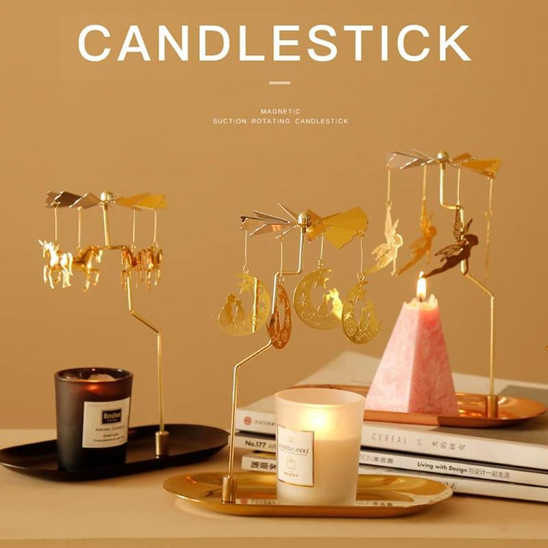 Spinning Candle Holder with Tray, Glod Carousel Candle Spinner, Rotating Metal Light Candle Holder for Table Centerpiece, Christmas, Valentine'S Day, Party Decor, ( Elves)