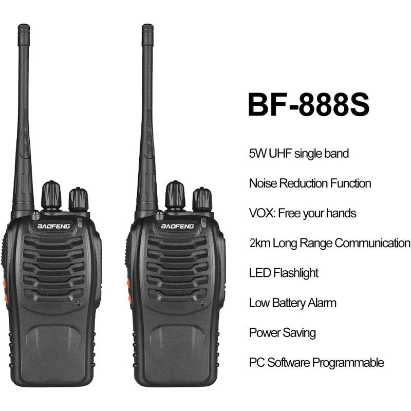 Baofeng 888S Walkie Talkie, Rechargeable Long Range Walkie Talkie with Earpieces, Professional Radio Handheld Two Way Radio with Li-Ion Battery & Charger Included