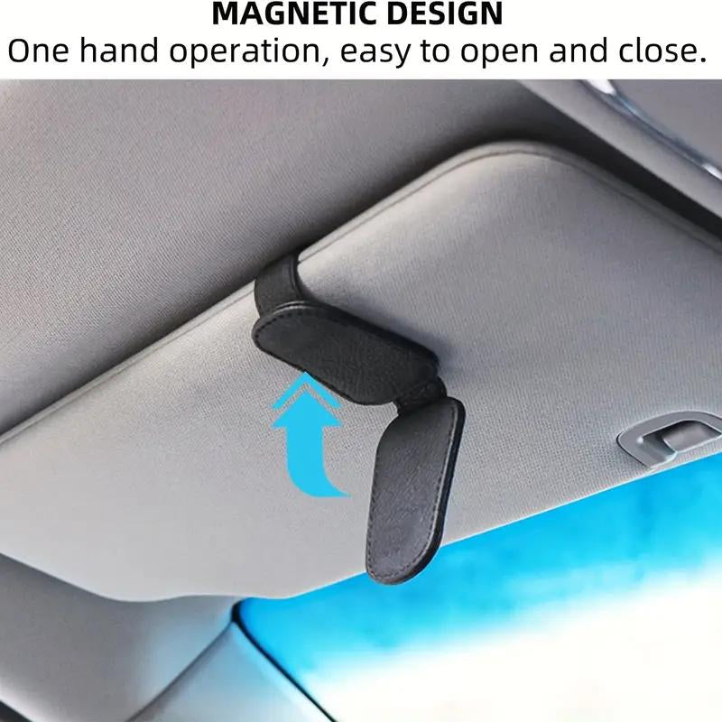 Magnetic Leather Sunglasses Stand Car Sun Visor - 2-In-1 Glasses Holder and Ticket Card Stand | Premium Car Sun Visor Accessory (1 Pack, Black/Gray)