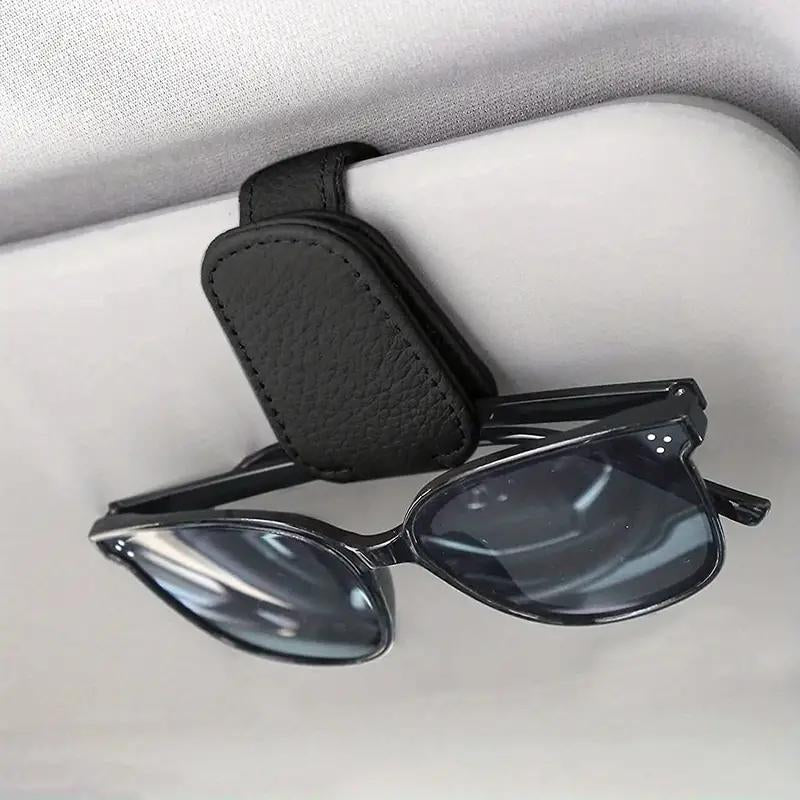 Magnetic Leather Sunglasses Stand Car Sun Visor - 2-In-1 Glasses Holder and Ticket Card Stand | Premium Car Sun Visor Accessory (1 Pack, Black/Gray)