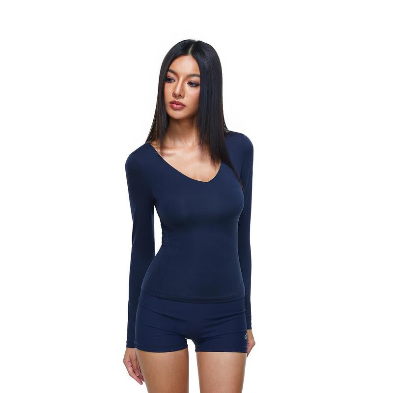 FDR Women'S Solid Color V-Neck Double-Lined Long Sleeve Tee | Lightweight Breathable Stretch | Slim-Fit Layering Essential for Fall Workouts & Everyday Womenswear Top Style Basic