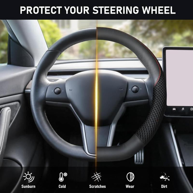 Car Steering Wheel Cover, Microfiber Breathable Ice Silk Leather Steering Wheel Cover Soft Anti-Slip Safety, 15Inch Four Season Universal Fits for Most Truck,Suv,Cars Car Interior Decoration Accessories (Black)