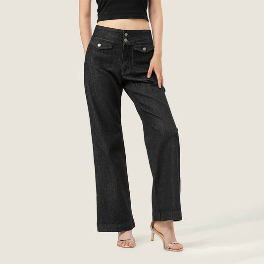 MIDIROSS Mecerized Denim Flap Pocket Button Front Flare Jeans