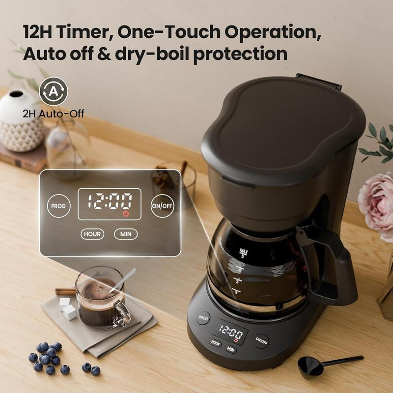 KISMILE Compact Drip Coffee Maker 5-Cup Anti-Drip System Timer Removable Funnel Auto Shut-Off Anti-Dry Protection Dishwasher-Safe for Home & Office Black