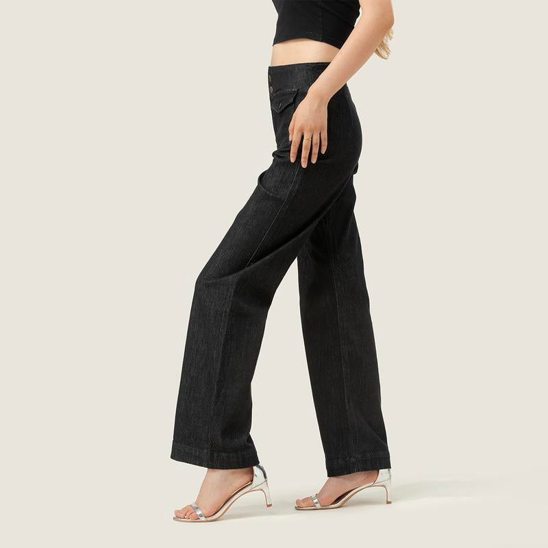 MIDIROSS Mecerized Denim Flap Pocket Button Front Flare Jeans