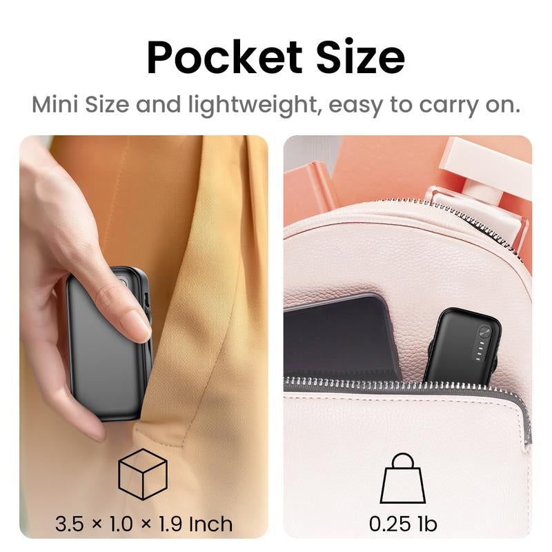 5000Mah Mini Portable Charger,15W QC3.0 Fast Charing USB C Power Bank with Built-In Cables, Portable External Battery Pack for Iphone 16/15/14 Series, Android, Etc
