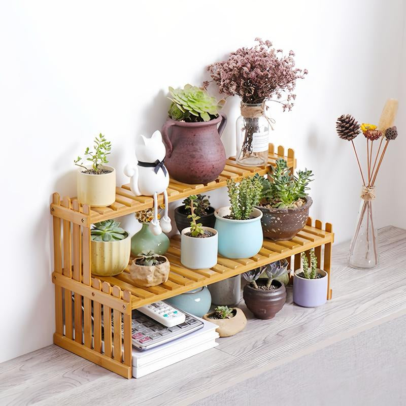 Trending Bamboo Desk Rack, 3-In-1 Plant Display & Storage Small Space Divider Home/Office/Balcony, Stylish MULTI-TIER Plant Stand, Double Duty: Plant Shelf + Book Organizer Natural Wood & Modern Design Perfect for Plant Moms/Dads! Wooden