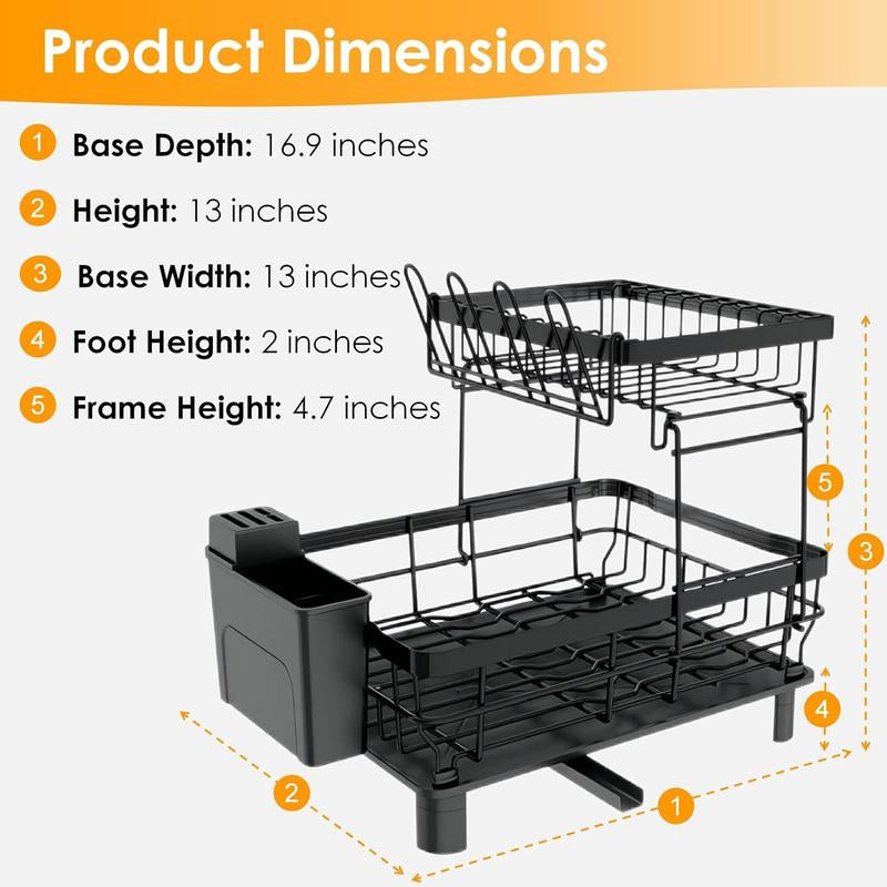 2 Tier Dish Drying Rack with Drainboard Adjustable Spout Utensil Holder and Knife Slots,Space-Saving,Suitable for Kitchen Countertops,Keeps Countertops Clean and Tidy,Easy to Install,Beautifully Crafted,Rotatable Drainage System,Disassembleable