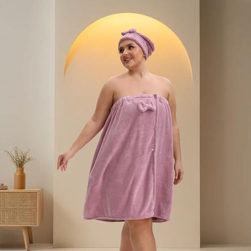 Solid Color Bathrobe & Bath Towel Set, Adjustable Shower Cap Included Bathrobe & Bath Towel, Soft Comfortable Bathrobe & Towel for Home Travel Sauna