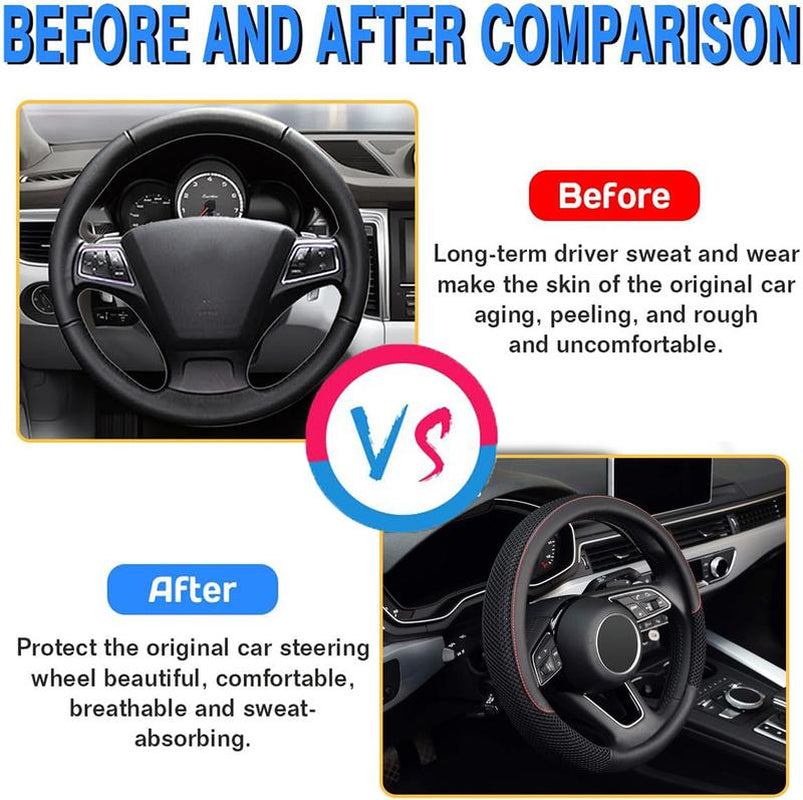 Car Steering Wheel Cover, Microfiber Breathable Ice Silk Leather Steering Wheel Cover Soft Anti-Slip Safety, 15Inch Four Season Universal Fits for Most Truck,Suv,Cars Car Interior Decoration Accessories (Black)