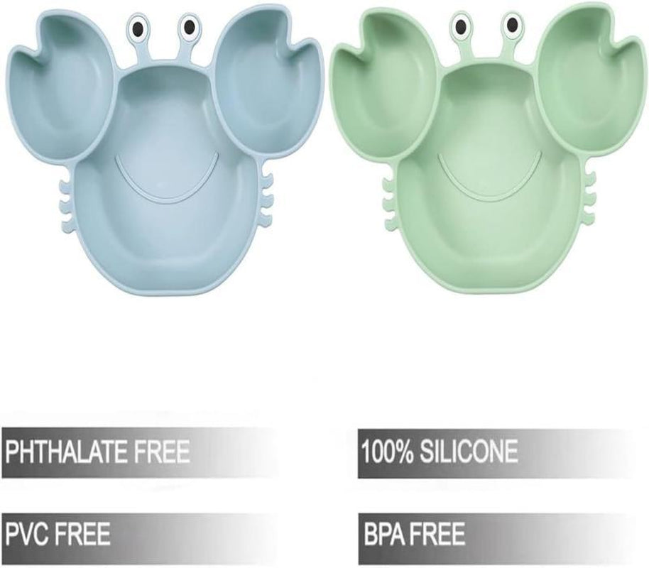 2 Pack Silicone Suction Plate for Baby, Divided Unbreakable Toddler Food Plate with 2 Pack Spoons for Self Feeding, Toddler Utensils Feeding Set Baby Eating Supplies, Crab Shape -Blue&Green Kid Toddler Baby