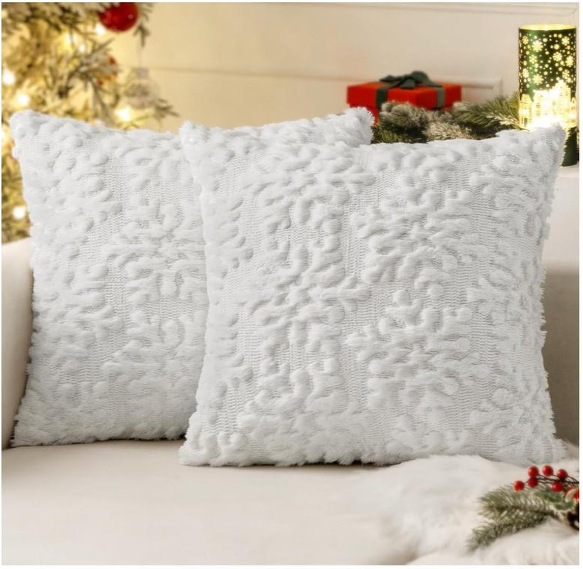 Pure White Throw Pillow Covers Christmas Snowflakes Decorative Pillow Covers 18X18 Inch Soft Plush Faux Wool Pillow Covers Set of 2 Farmhouse Couch Pillows Home Decors for Sofa Livingroom Bed