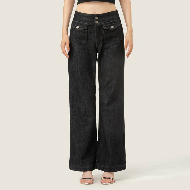 MIDIROSS Mecerized Denim Flap Pocket Button Front Flare Jeans