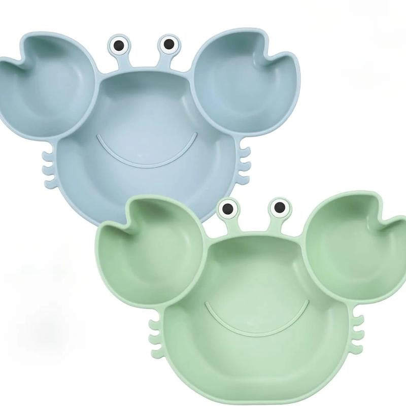 2 Pack Silicone Suction Plate for Baby, Divided Unbreakable Toddler Food Plate with 2 Pack Spoons for Self Feeding, Toddler Utensils Feeding Set Baby Eating Supplies, Crab Shape -Blue&Green Kid Toddler Baby