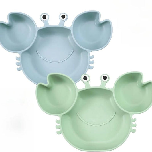 2 Pack Silicone Suction Plate for Baby, Divided Unbreakable Toddler Food Plate with 2 Pack Spoons for Self Feeding, Toddler Utensils Feeding Set Baby Eating Supplies, Crab Shape -Blue&Green Kid Toddler Baby