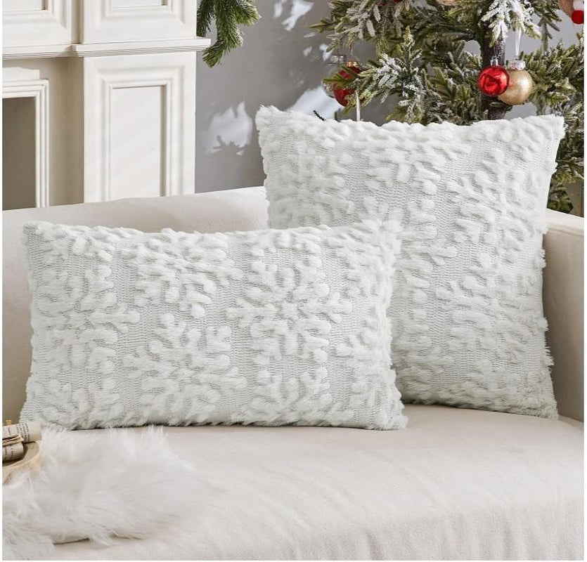 Pure White Throw Pillow Covers Christmas Snowflakes Decorative Pillow Covers 18X18 Inch Soft Plush Faux Wool Pillow Covers Set of 2 Farmhouse Couch Pillows Home Decors for Sofa Livingroom Bed