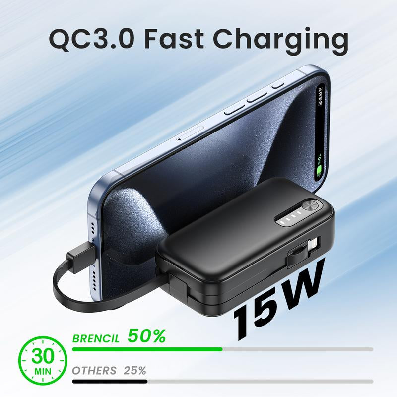 5000Mah Mini Portable Charger,15W QC3.0 Fast Charing USB C Power Bank with Built-In Cables, Portable External Battery Pack for Iphone 16/15/14 Series, Android, Etc