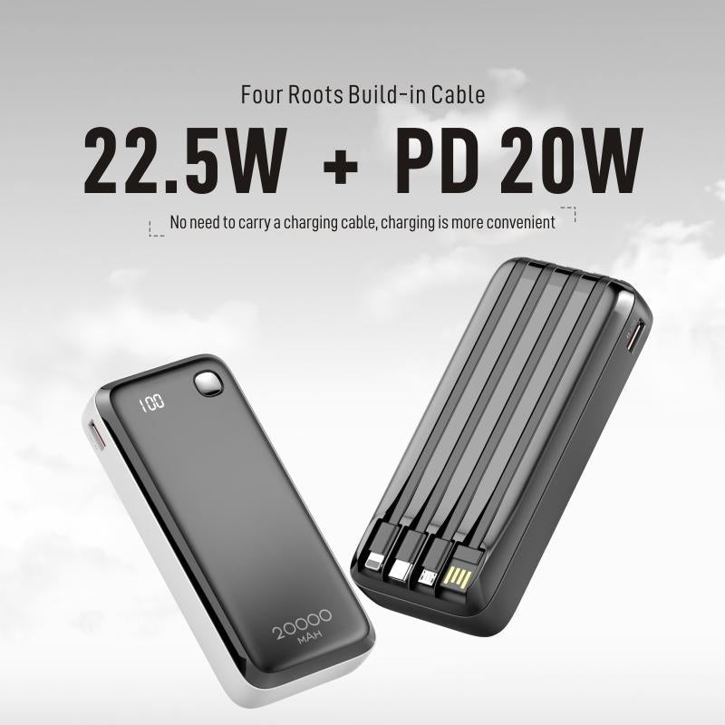 20W USB C Power Bank 20000Mah for Smartphone, Multi-Function Cellphone Charger Built-In 3 Counts Data Cable, Portable Charging Tool for Home & Travel, Universal Digital Display Mobile Charger Devices Compatible with Iphone Samsung Pixel LG Moto Ipad