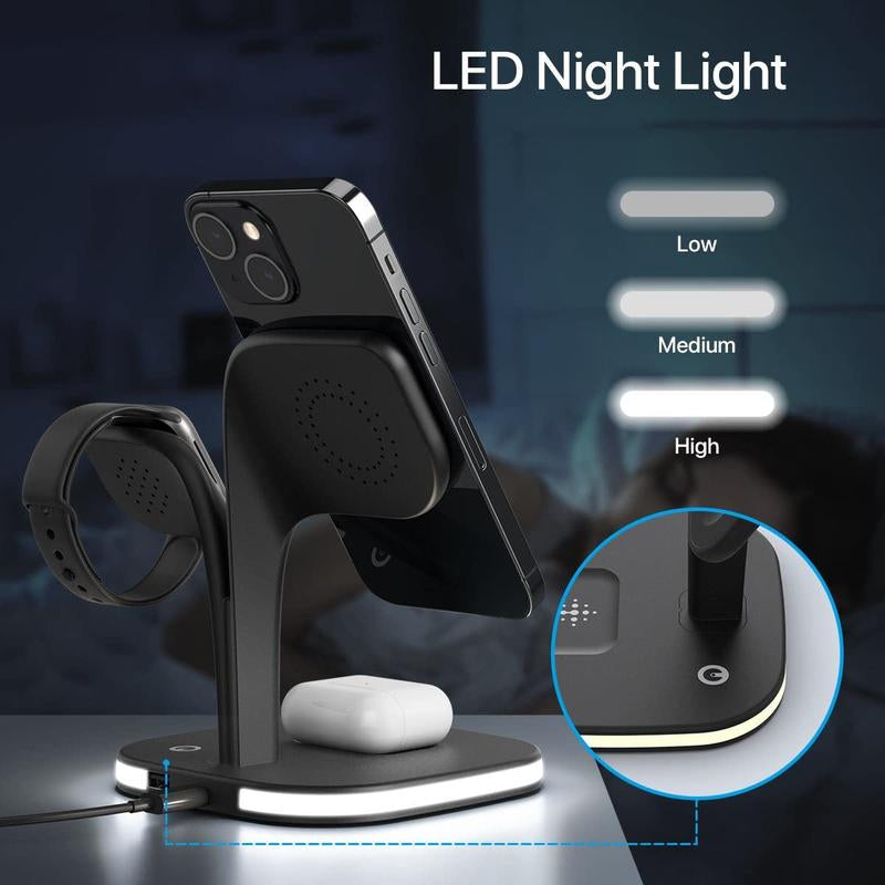 Wireless Charger, 3-In-1 Wireless Charging Stand, 5ND GEN, 45% Faster for Apple Watch, Iphone 16, Iphone 15, Iphone 14 Series, Airpods - Magsafe Charging Station for Multiple Devices - Black