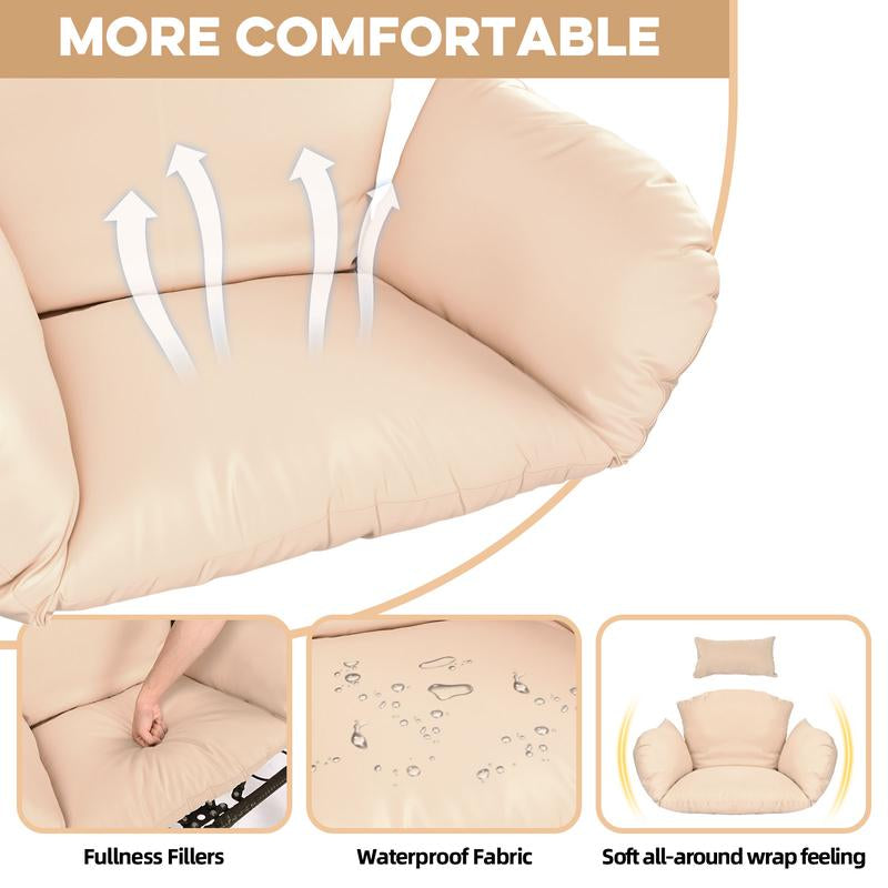 Egg Porch Swing, Hanging Egg Chair for Outdoor Patio with Stand, Waterproof Rattan Wicker Basket Seat, Includes Cushion & Chain, 350Lb Capacity (Beige)