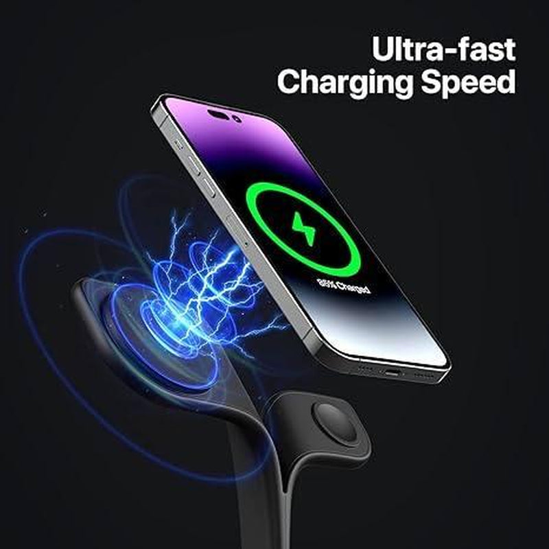 Wireless Charger, 3-In-1 Wireless Charging Stand, 5ND GEN, 45% Faster for Apple Watch, Iphone 16, Iphone 15, Iphone 14 Series, Airpods - Magsafe Charging Station for Multiple Devices - Black