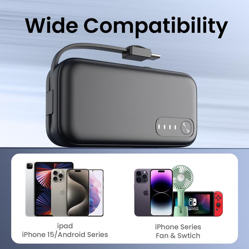 5000Mah Mini Portable Charger,15W QC3.0 Fast Charing USB C Power Bank with Built-In Cables, Portable External Battery Pack for Iphone 16/15/14 Series, Android, Etc