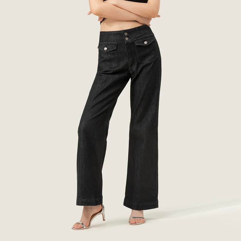 MIDIROSS Mecerized Denim Flap Pocket Button Front Flare Jeans