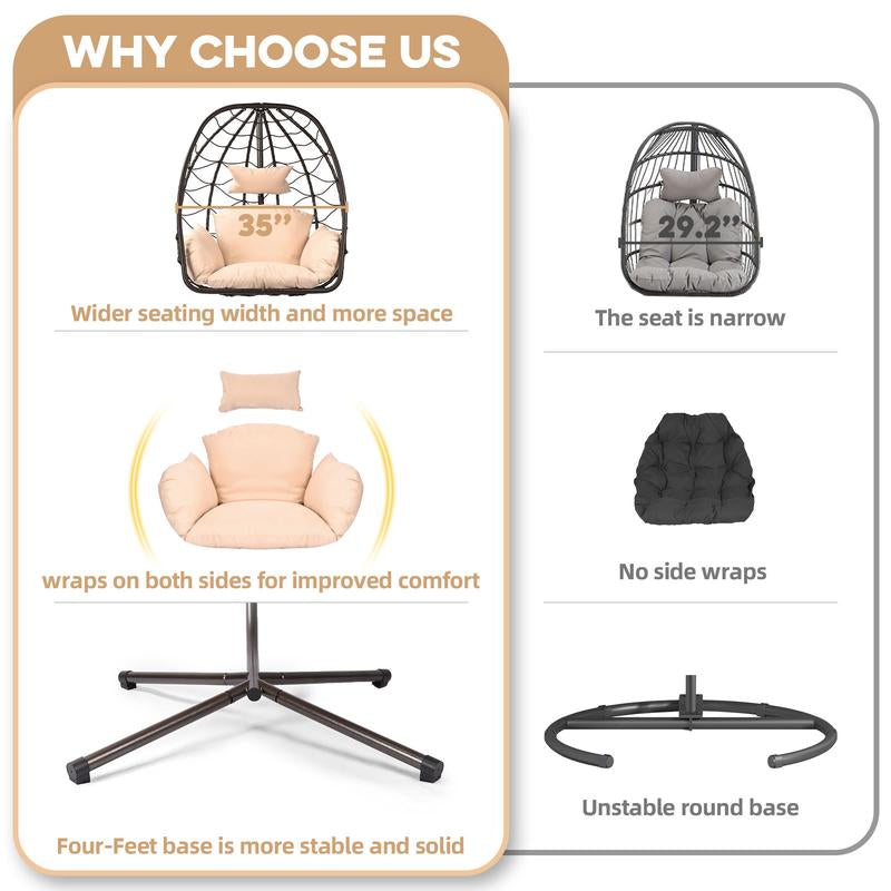 Egg Porch Swing, Hanging Egg Chair for Outdoor Patio with Stand, Waterproof Rattan Wicker Basket Seat, Includes Cushion & Chain, 350Lb Capacity (Beige)