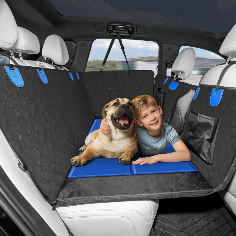 JOYTUTUS Dog Car Seat Cover with Hard Bottom Back Seat Extender Supports 400Lb Pet Cover with Mesh Window Travel Bed Waterproof Dog Hammock for Car Truck SUV Hook and Loop Design